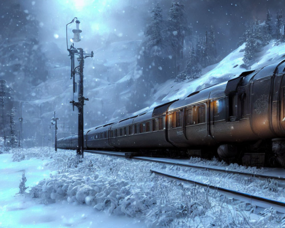 Snowy Train Tracks in Twilight with Falling Snowflakes