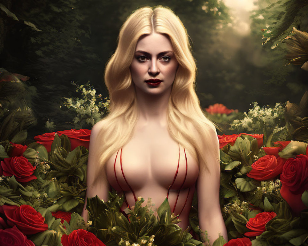 Blonde Woman in Red Dress Surrounded by Greenery and Roses