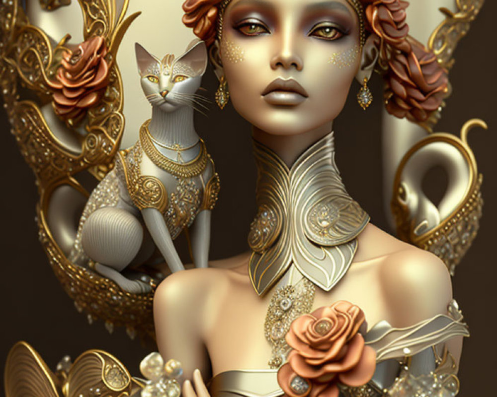 Digital artwork featuring woman in golden headdress and regal attire with sphynx cat.