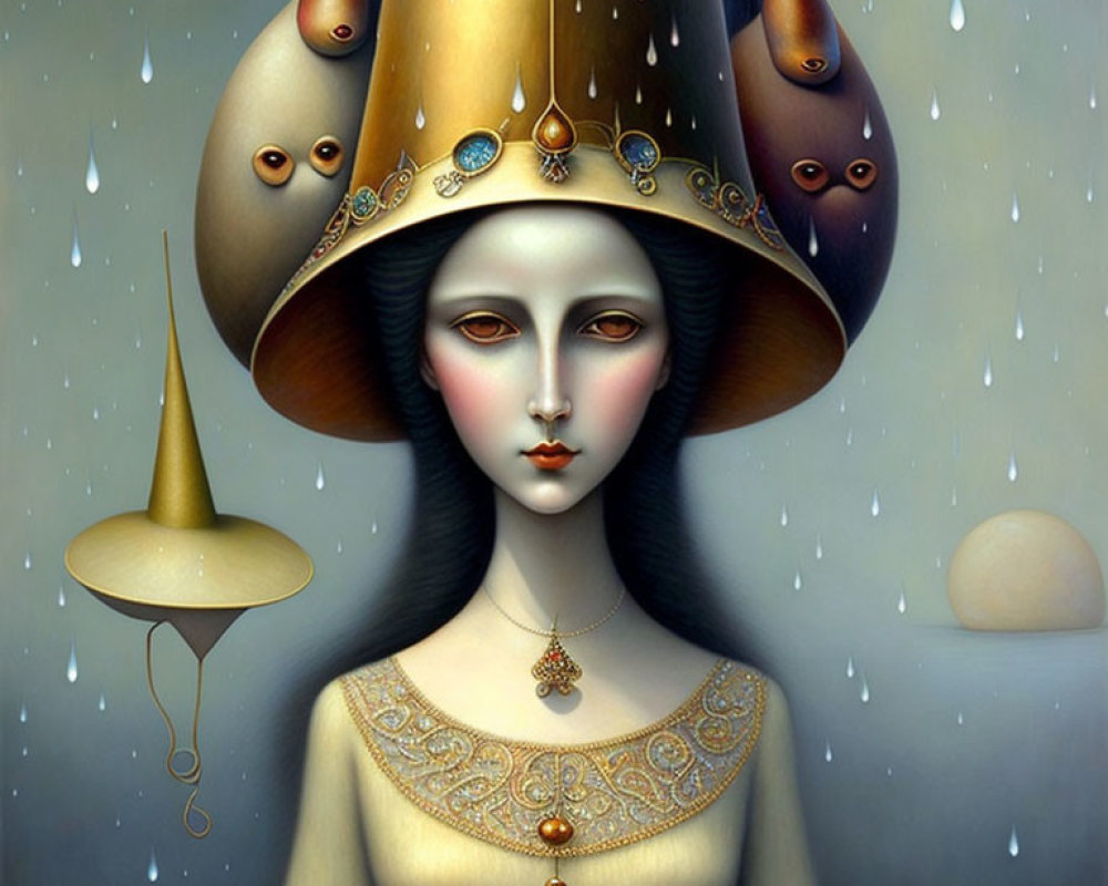 Surreal portrait: Pale-skinned woman with dark lips, conical hat, jewels, and