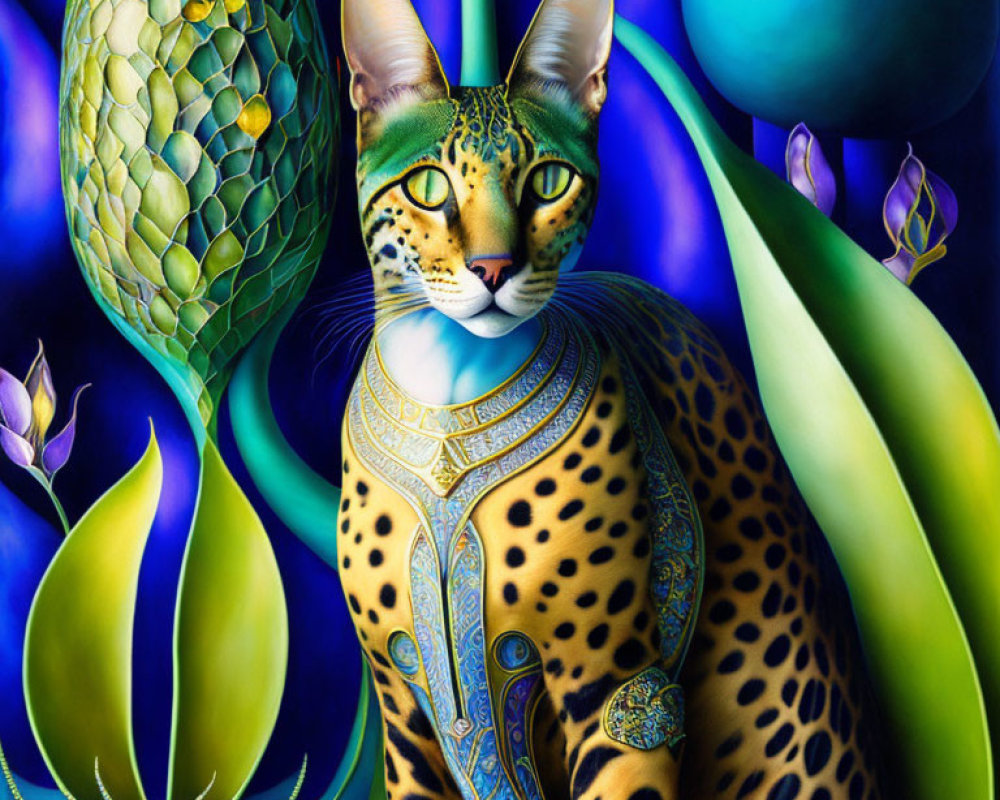 Colorful digital artwork: Leopard with human-like eyes and ornate clothing in a botanical setting