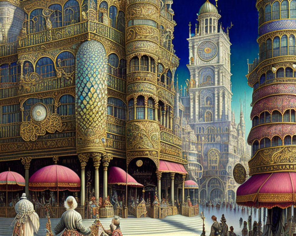 Golden ornate buildings, large clocks, and historical figures under maroon parasols in a fantastical