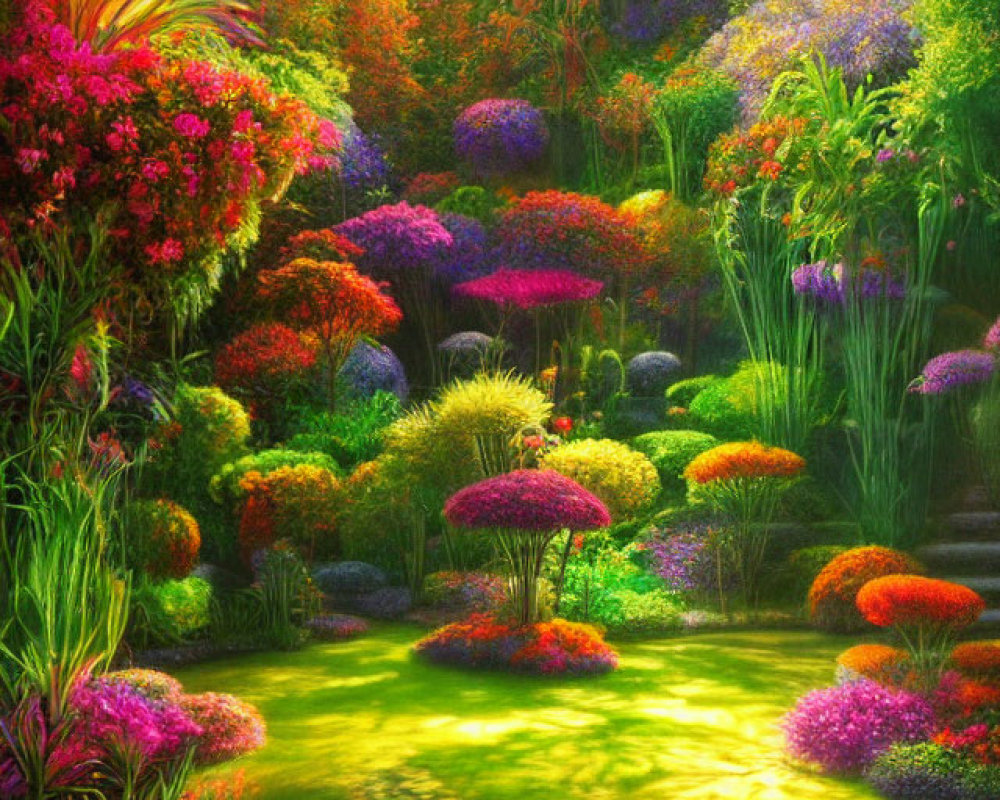 Lush Foliage and Colorful Flowers in Sunlit Garden