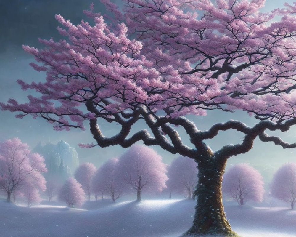 Majestic pink cherry blossom tree in serene snow-covered landscape