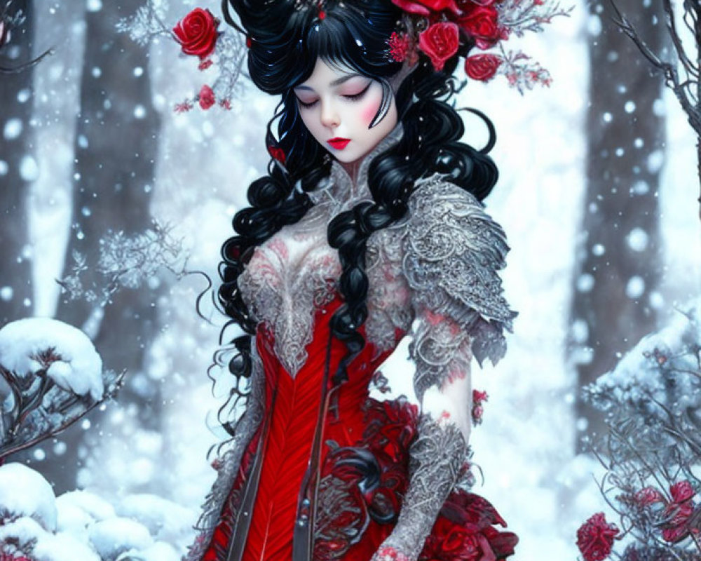 Illustrated woman with black hair in red rose-adorned gown in snowy rose garden