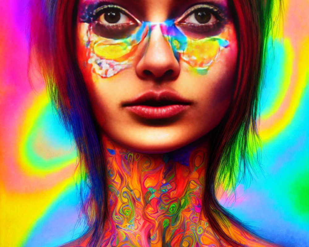 Vibrant body paint woman with intense gaze on colorful background