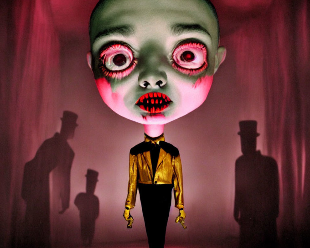 Surreal artwork: Oversized, eerie head, multiple eyes, small body in yellow shirt,