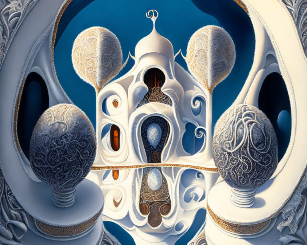 Symmetrical abstract artwork with ornate patterns and architectural elements in blue and white palette