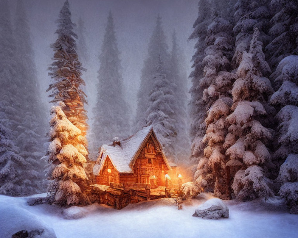 Snow-covered pine trees surround a cozy wooden cabin at twilight