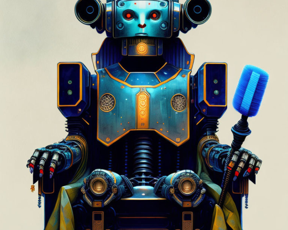 Colorful Robot Illustration with Red Eyes and Blue Toilet Brush