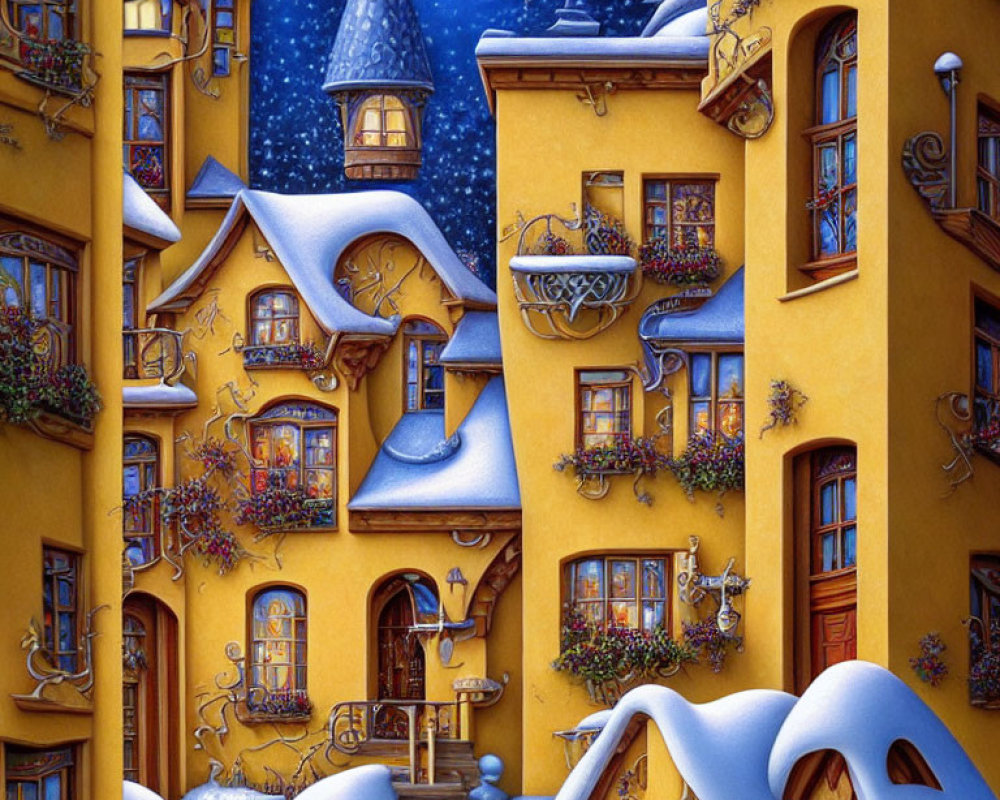 Charming winter scene with yellow buildings and snow-covered greenery