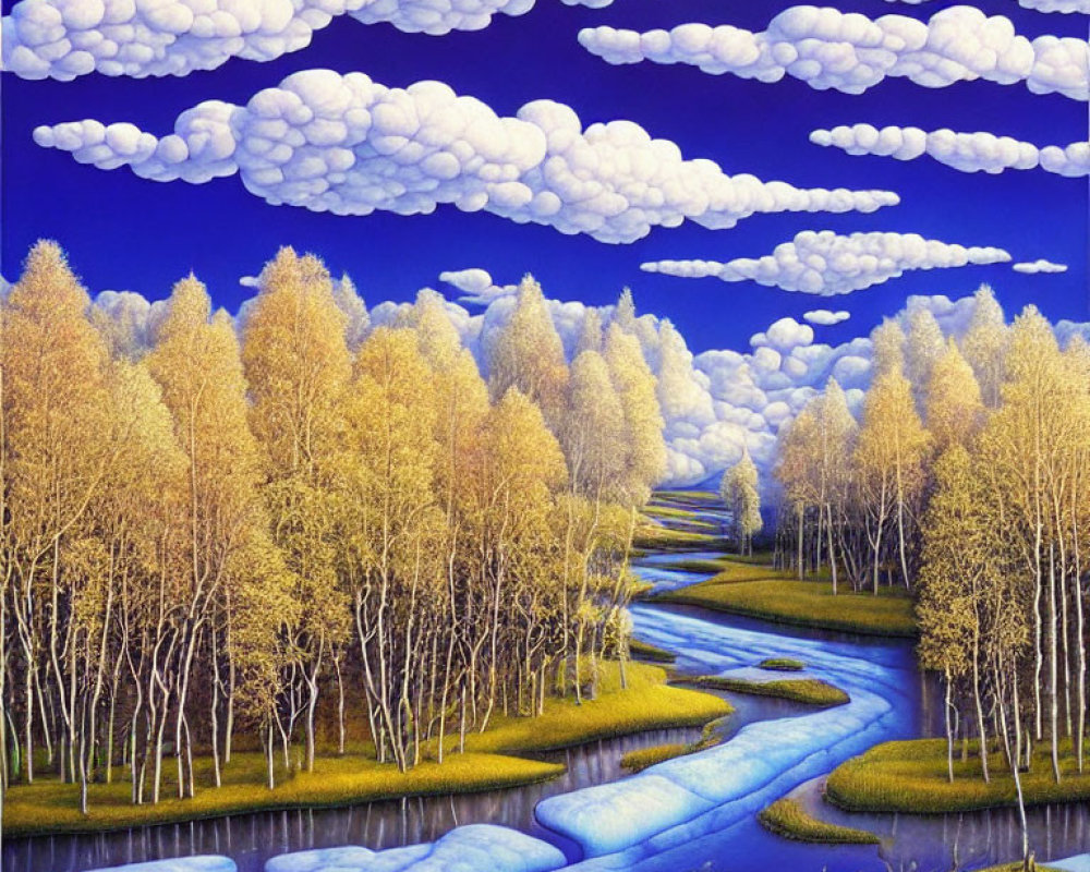 Stylized landscape with winding river and golden-leaved trees