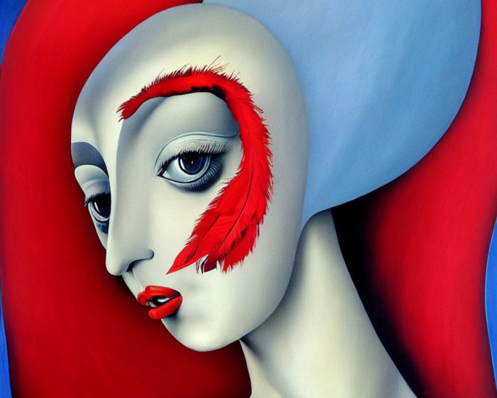 Surrealistic painting of woman with white skin, red and blue accents, and feather motif.