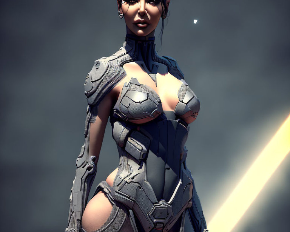 Futuristic female cyborg in sleek armor against grey backdrop