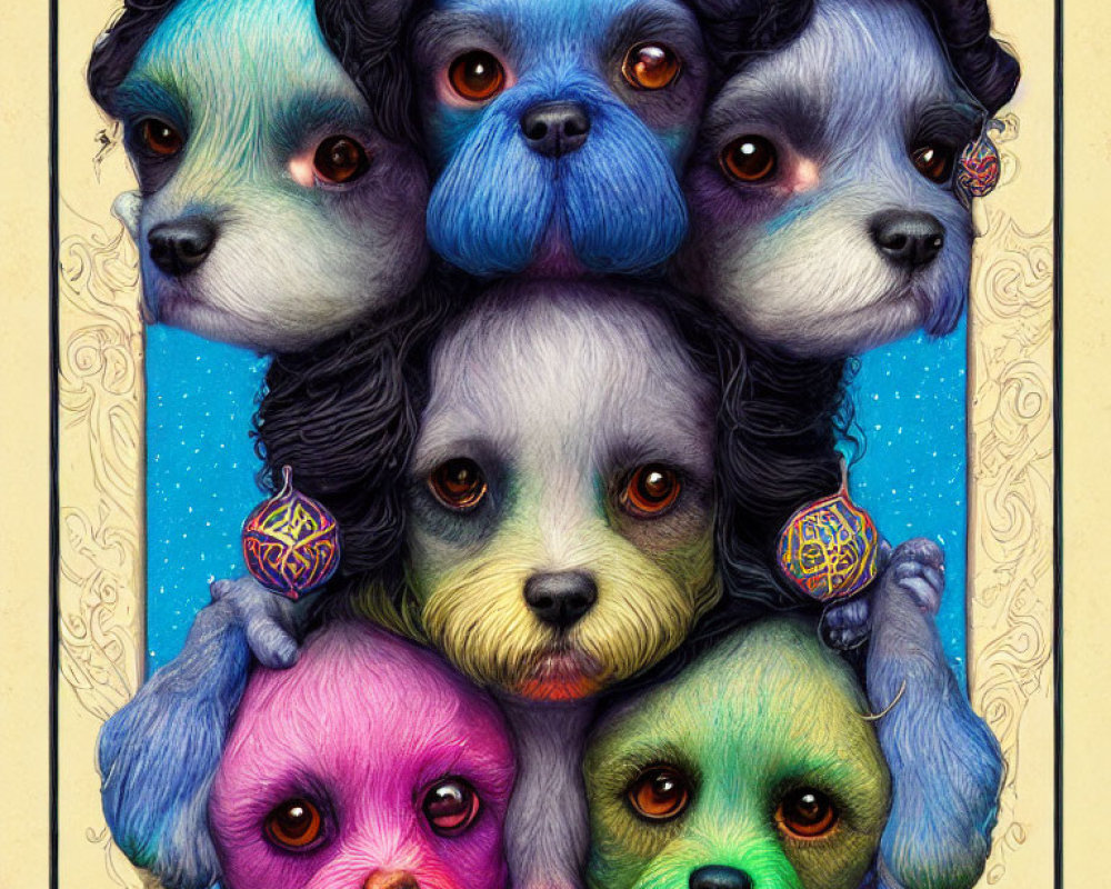 Vibrant vertical stack of five dogs with colorful fur and mesmerizing eyes holding patterned ornaments