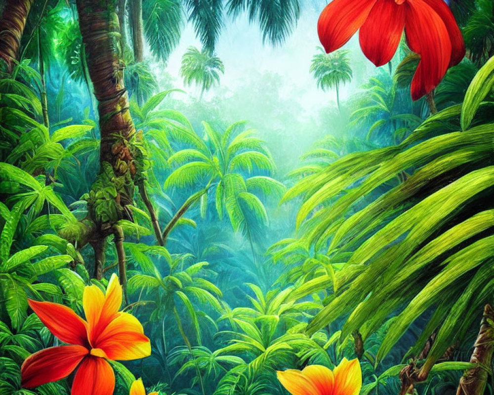 Lush Tropical Rainforest with Large Flowers and Misty Sky