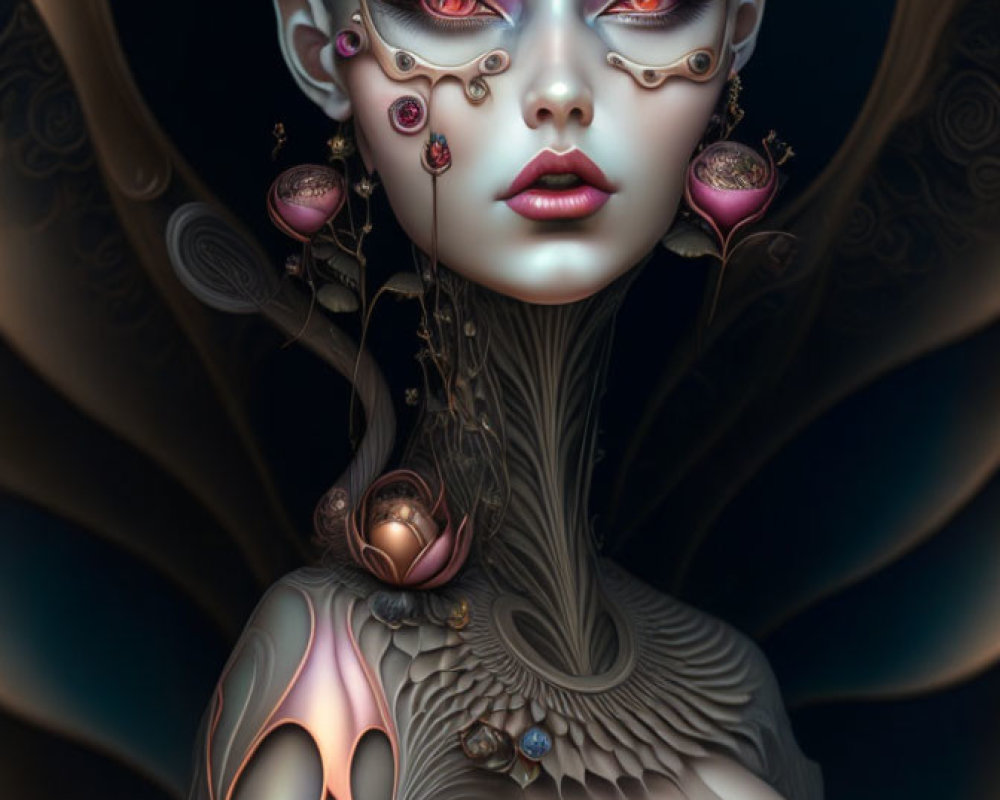 Female figure in surreal digital art with metallic and organic embellishments in blue and purple hues