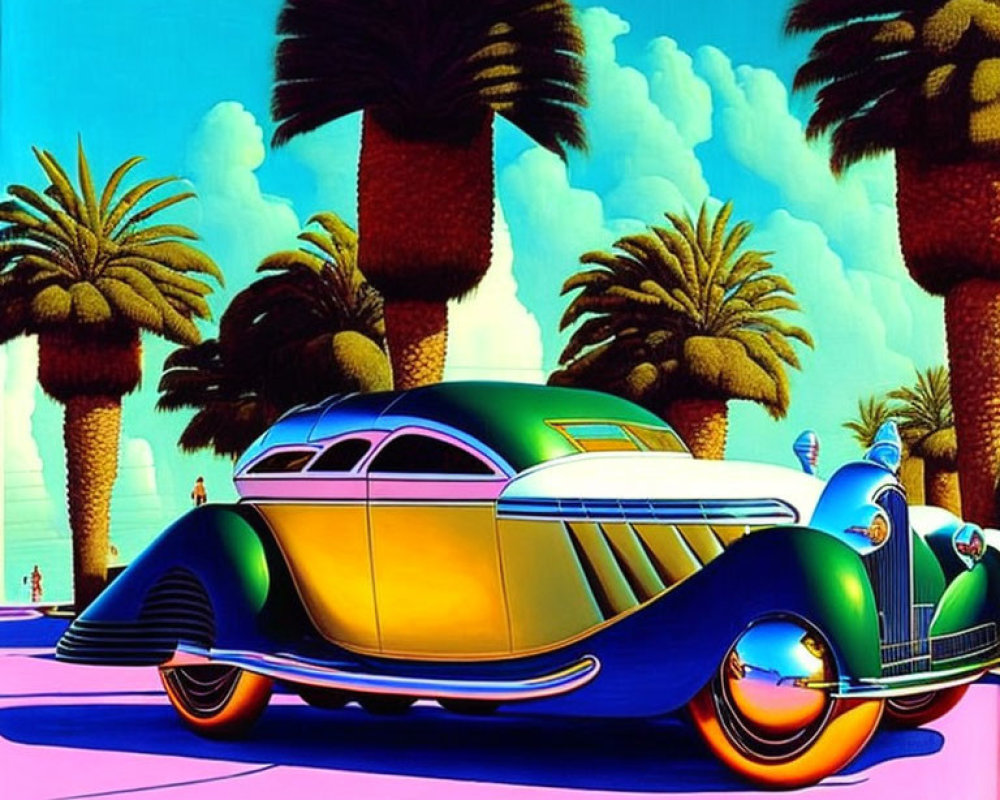 Stylized vintage car with chrome details against palm trees