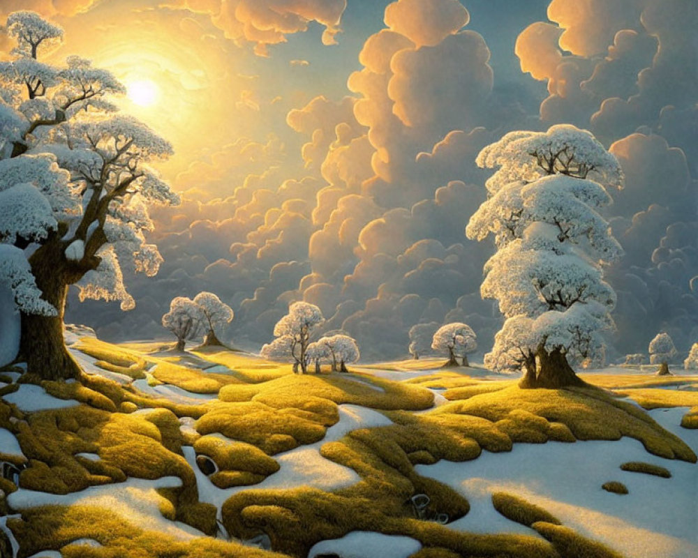 Snow-covered trees in golden sunset winter landscape