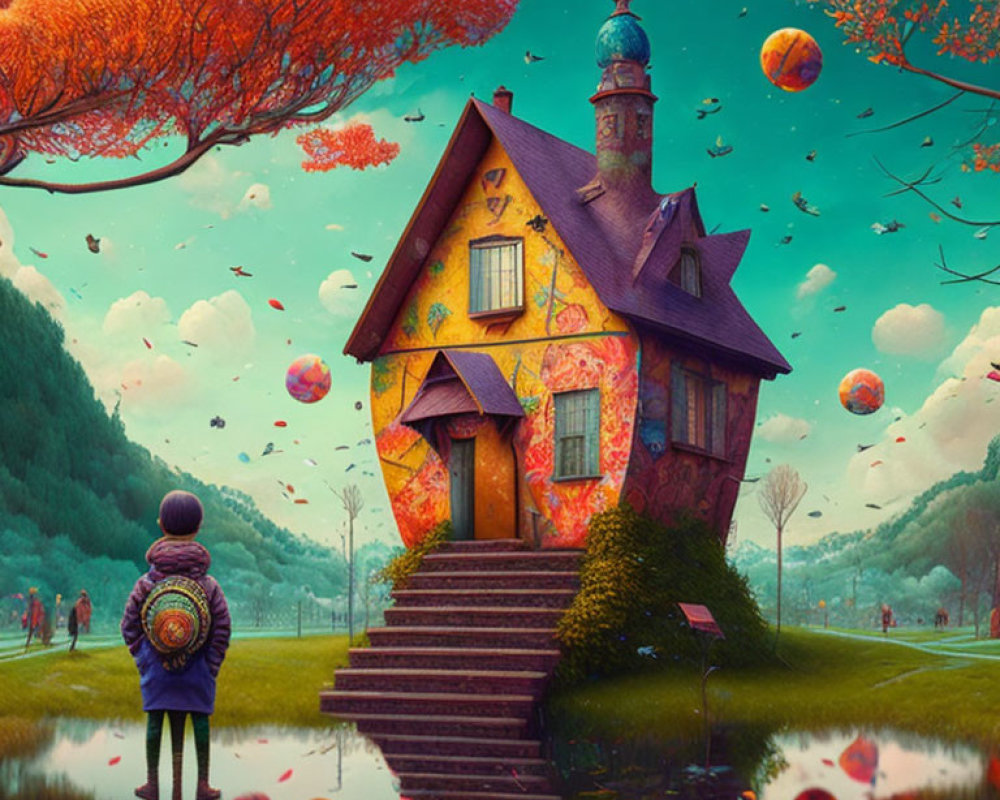 Whimsical house in vibrant, fantastical landscape