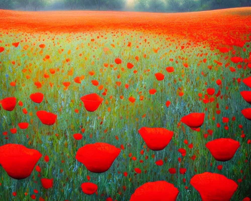 Vibrant red poppies in serene sunrise over green hills