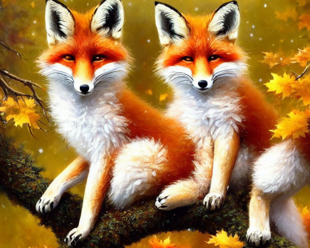 Two foxes on branch surrounded by autumn leaves