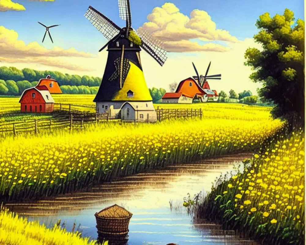 Scenic rural landscape with windmills, river, and yellow flowers under blue sky