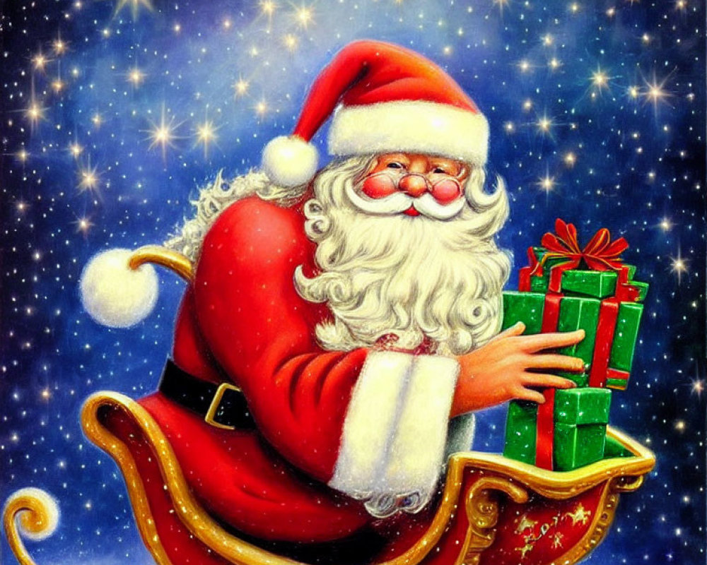 Santa Claus in Red Suit with Sack of Gifts Riding Sleigh under Starry Night Sky