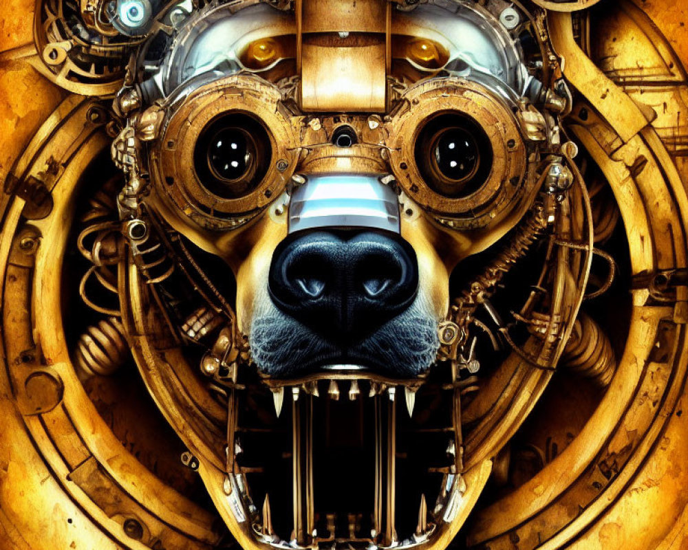 Steampunk-themed illustration of mechanized dog head with cogwheels and metallic structures