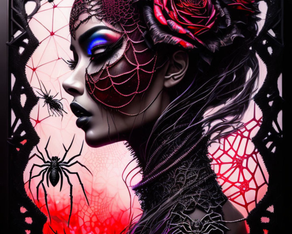 Gothic makeup woman with red roses, spiders, and spider webs in mystical setting