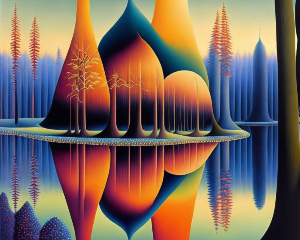 Surreal landscape with elongated structures and stylized trees at twilight