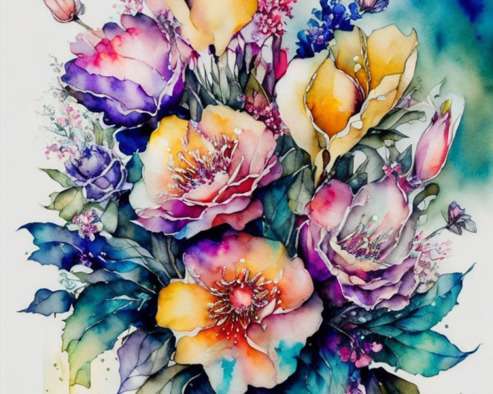 Colorful Watercolor Painting of Yellow and Purple Flower Bouquet