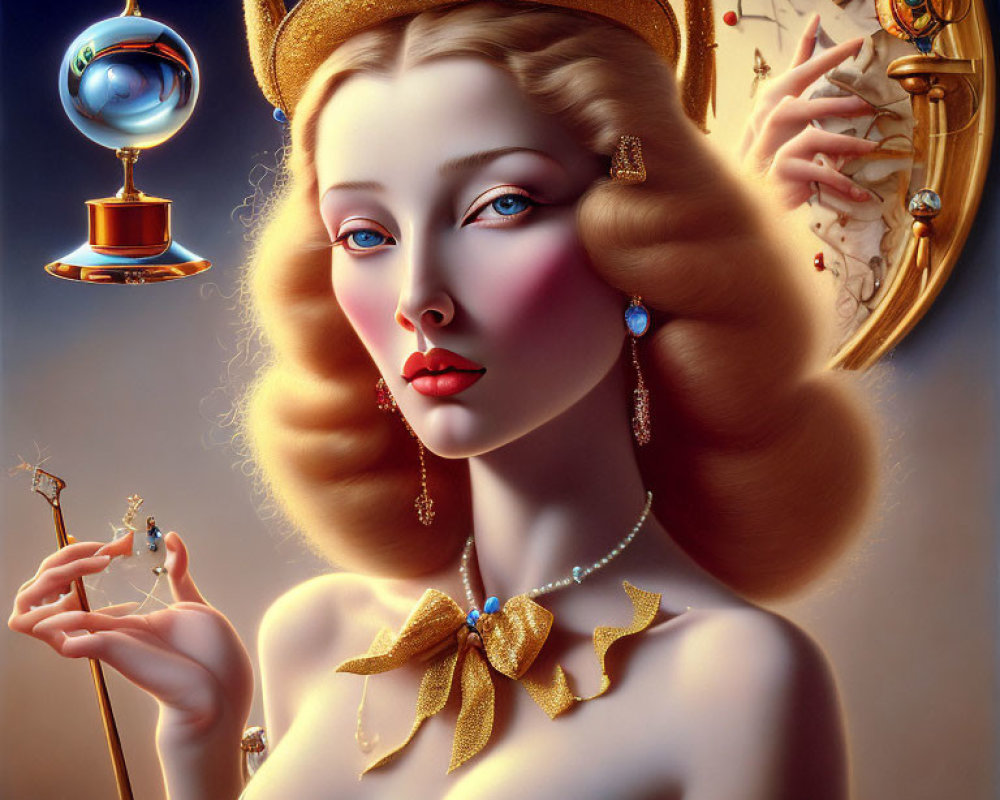 Surreal portrait of a woman with golden accessories and multiple hands showcasing jewelry