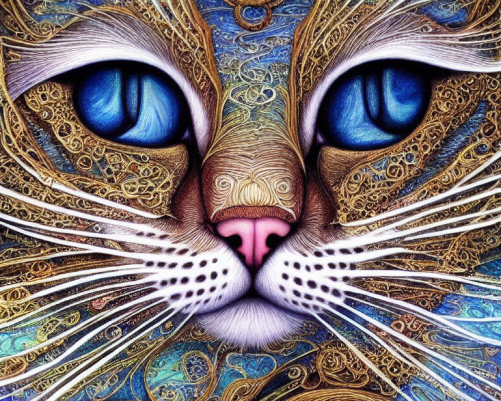 Intricately designed cat with deep blue eyes and ornate patterns