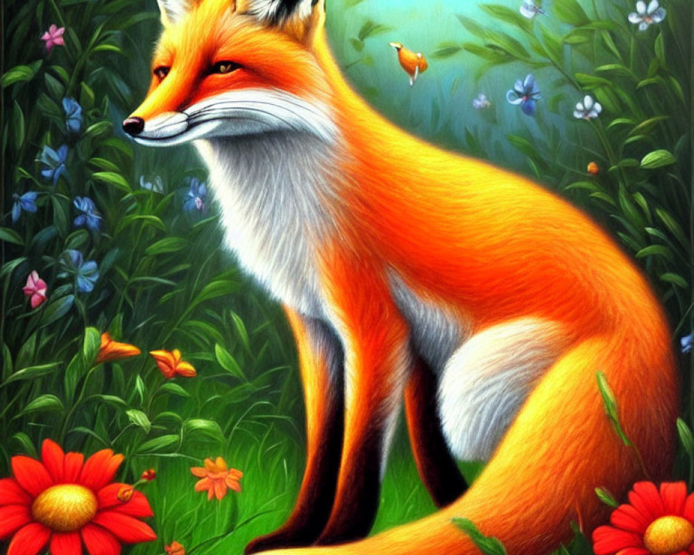 Colorful Illustration: Red Fox in Floral Setting with Sunlit Background