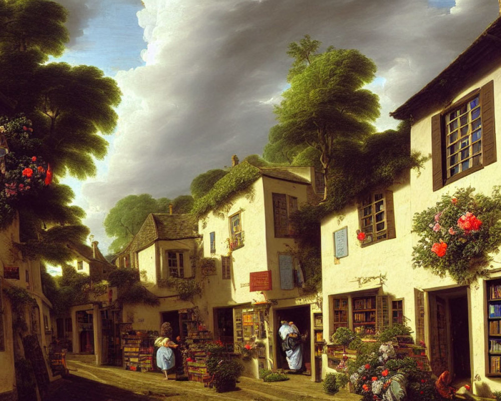 Historical street scene with bookshop, charming buildings, and people in vintage attire