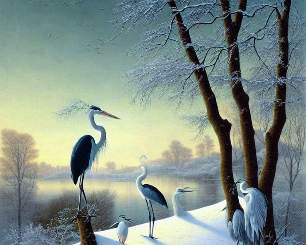 Winter herons by snow-covered riverside with calm river and dusk sky