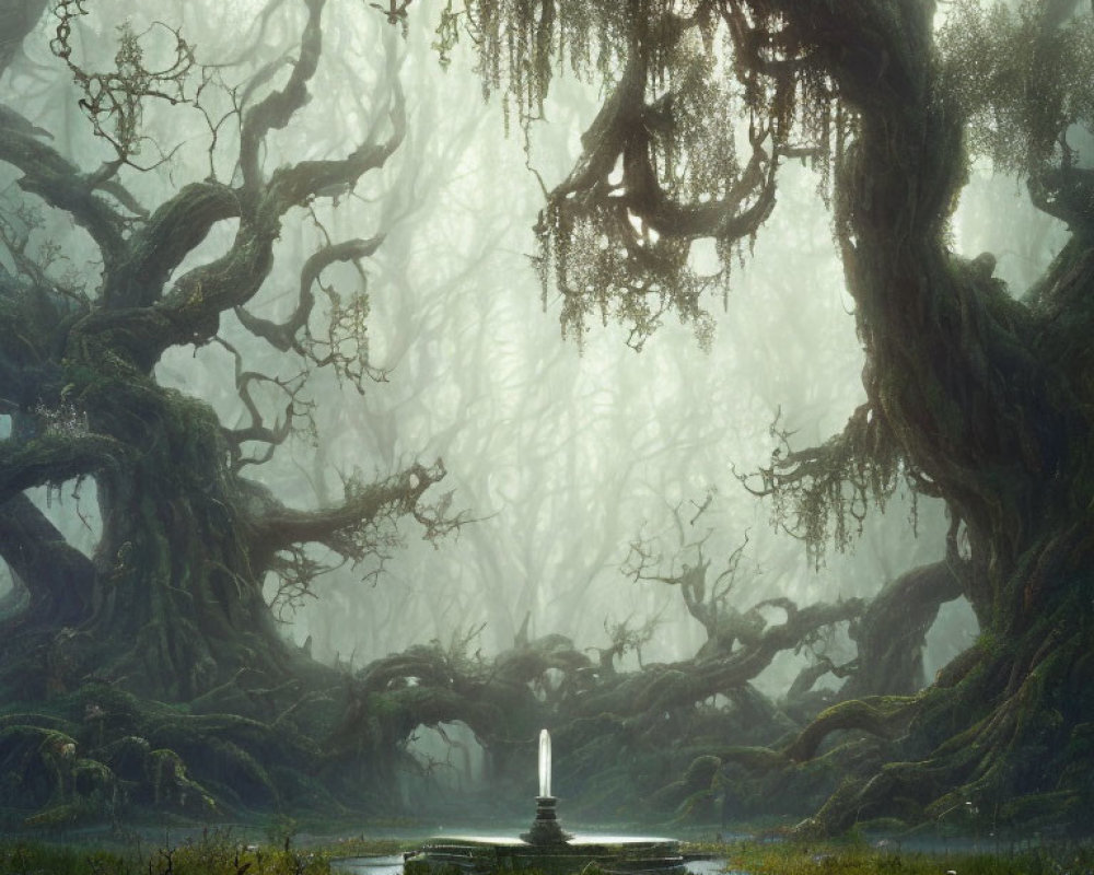 Mystical forest with ancient trees and luminous fountain