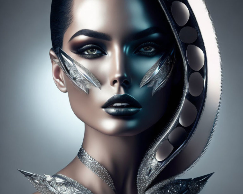 Futuristic woman with metallic silver face embellishments and bold makeup