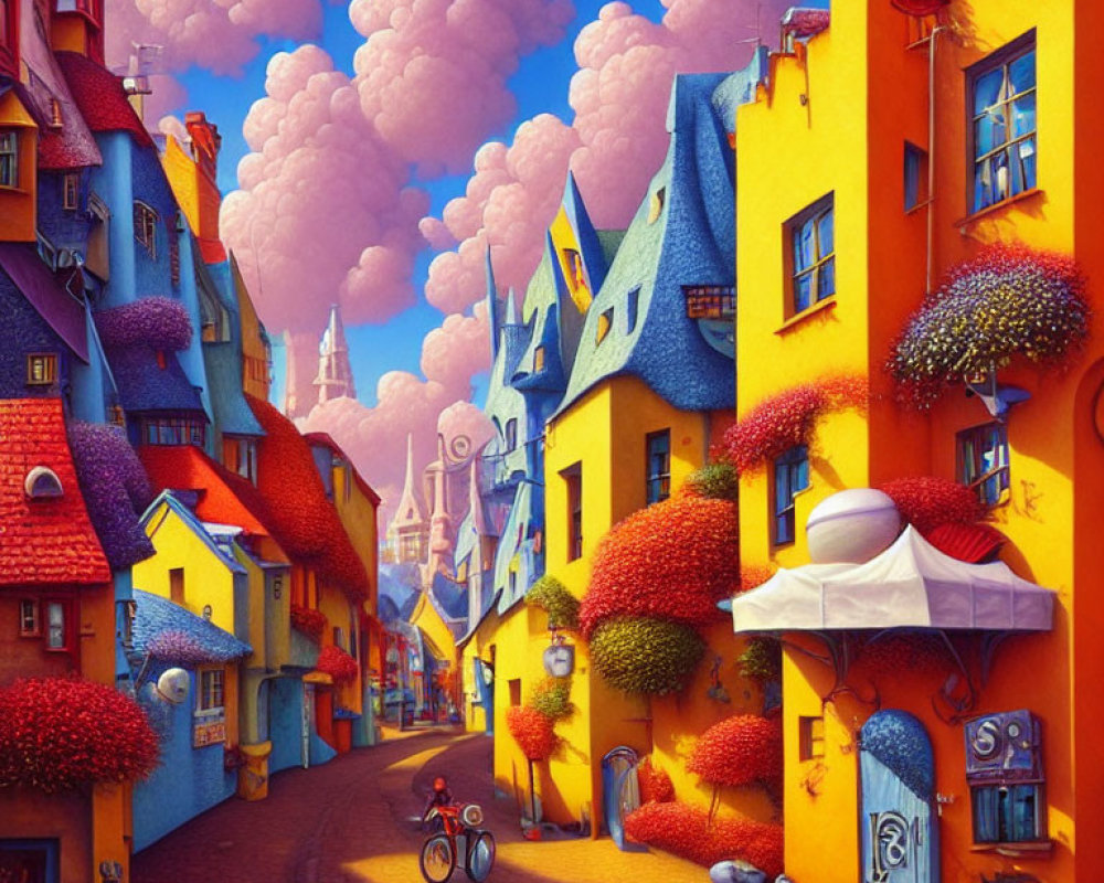 Colorful surreal streetscape with whimsical architecture in orange and blue hues