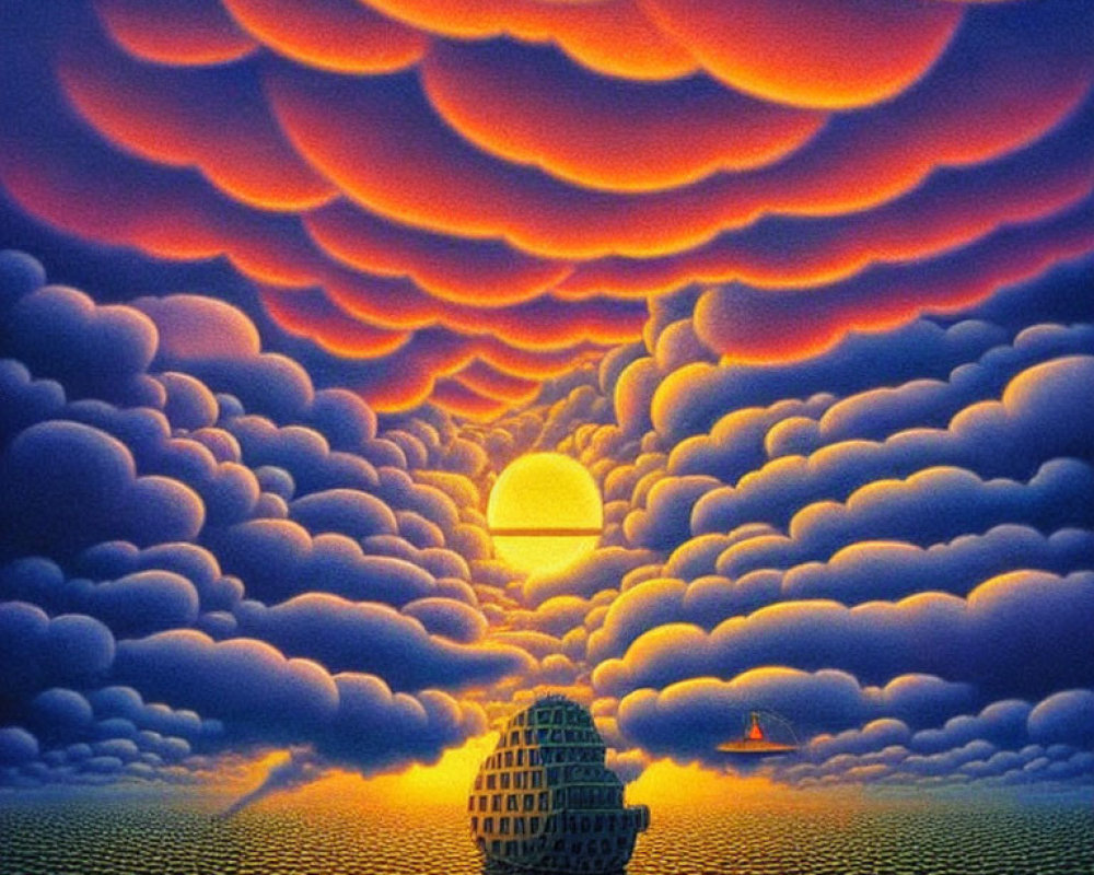 Surreal landscape with setting sun, domed structure, orange and blue clouds, patterned waves