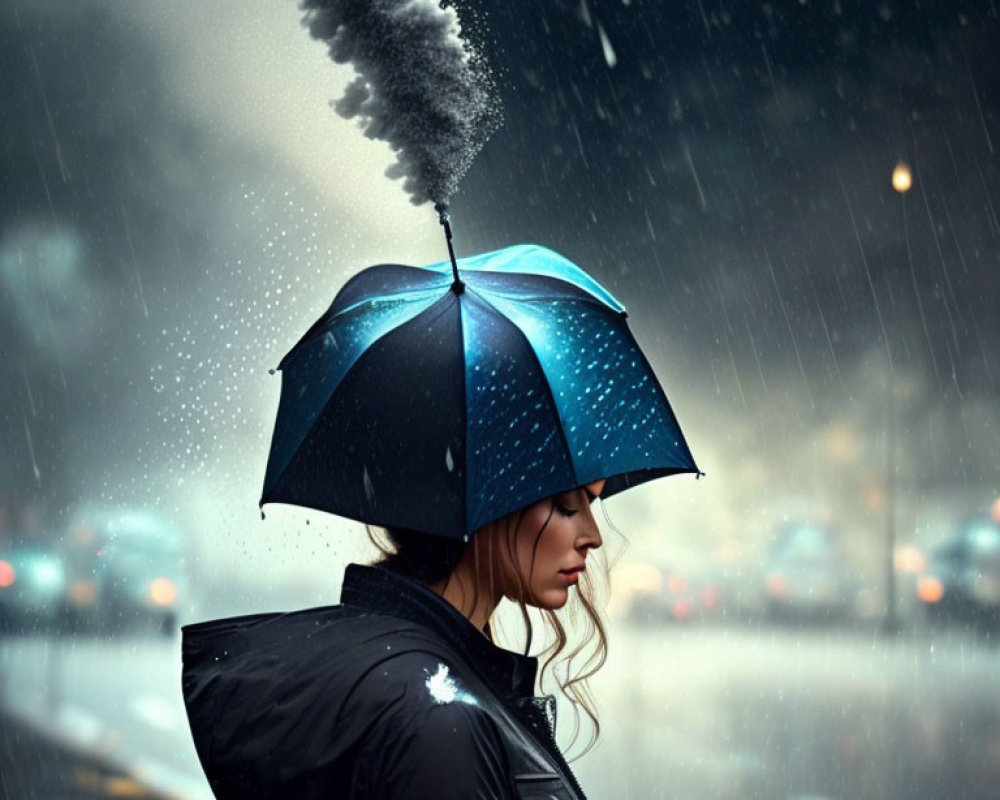 Person with Black Umbrella Standing in Heavy Rain on Wet Street