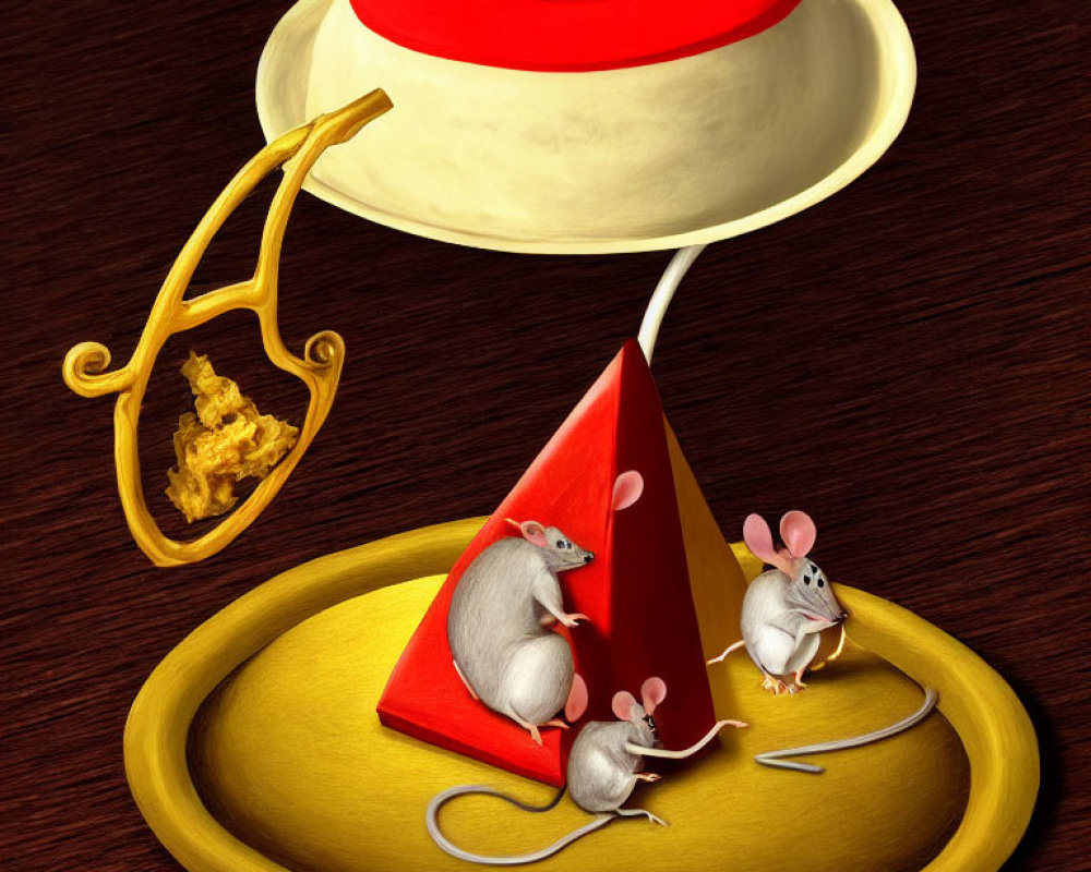 Three cartoon mice with cheese on yellow surface