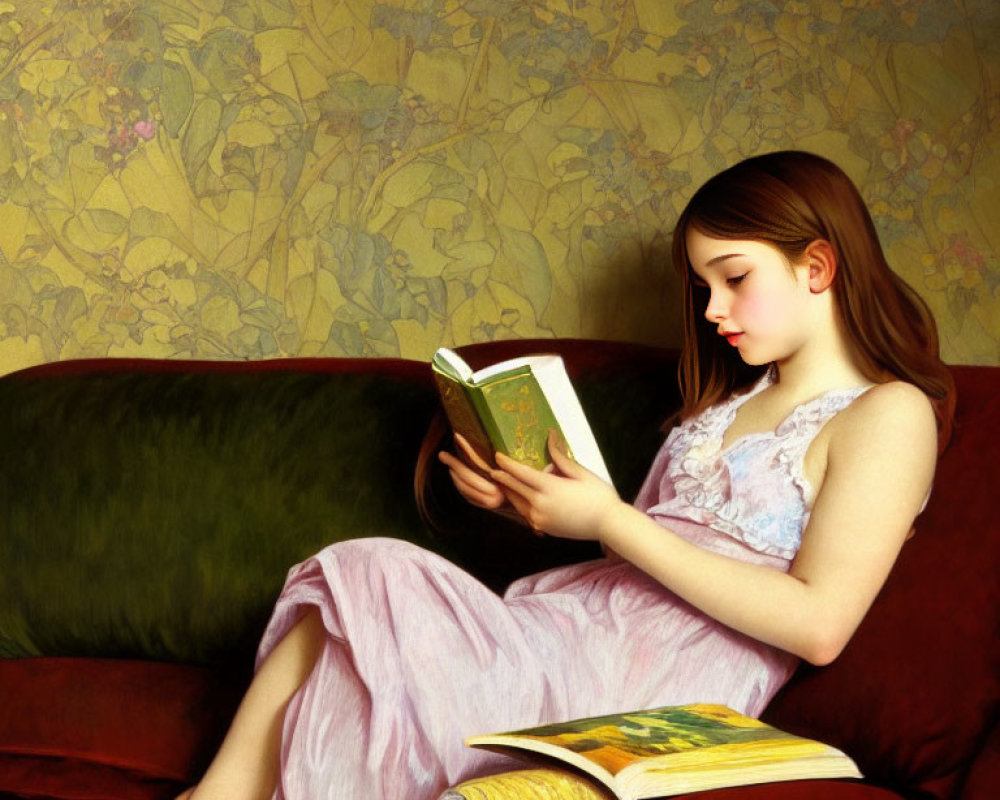 Young girl reading book on red couch