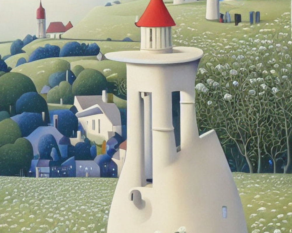 Countryside landscape painting with vase lighthouse in foreground