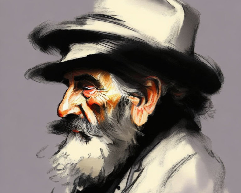 Elderly man with white hat, beard, mustache, and wrinkles