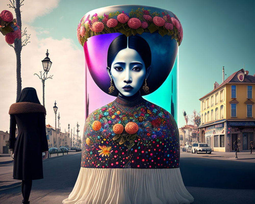 Person observing surreal street scene with ornate perfume bottle featuring woman's portrait