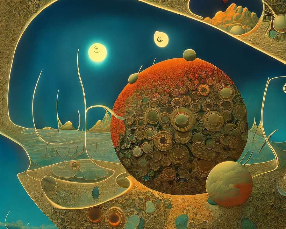 Surreal landscape with circular patterns, warm tones, moons, and sinuous structures