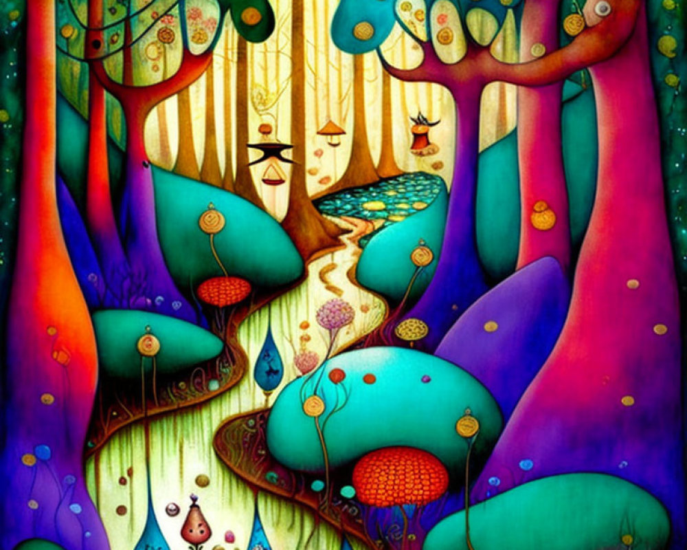 Colorful whimsical forest illustration with trees, mushrooms, and glowing orbs