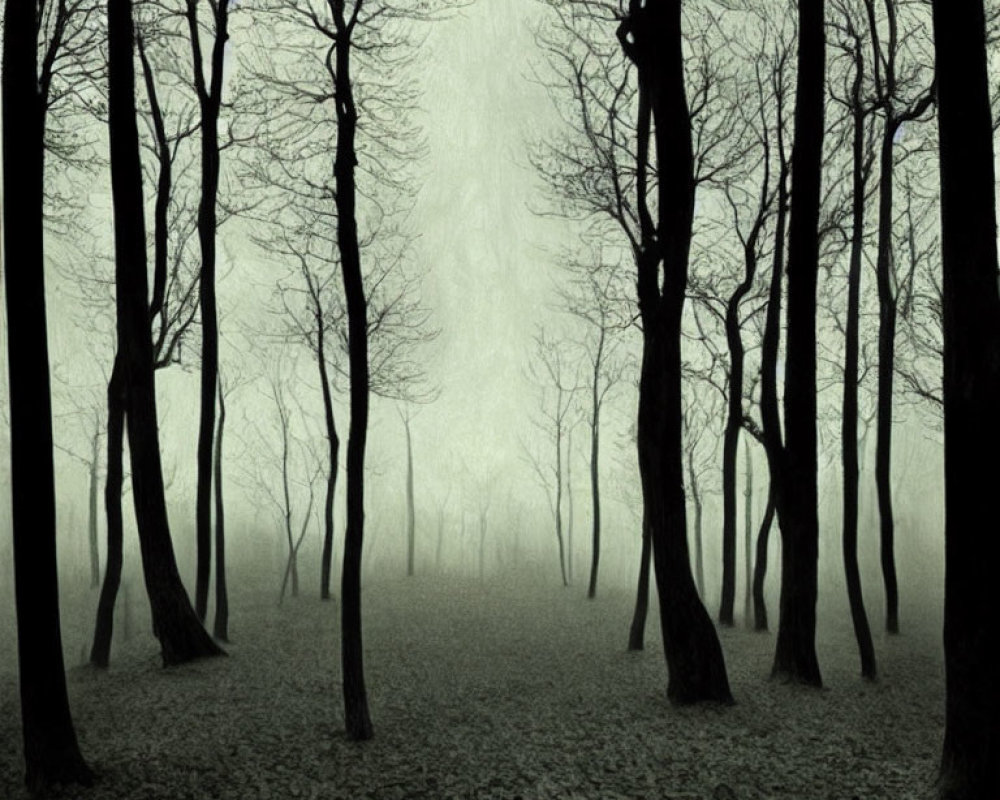 Misty forest with leafless trees and fallen leaves